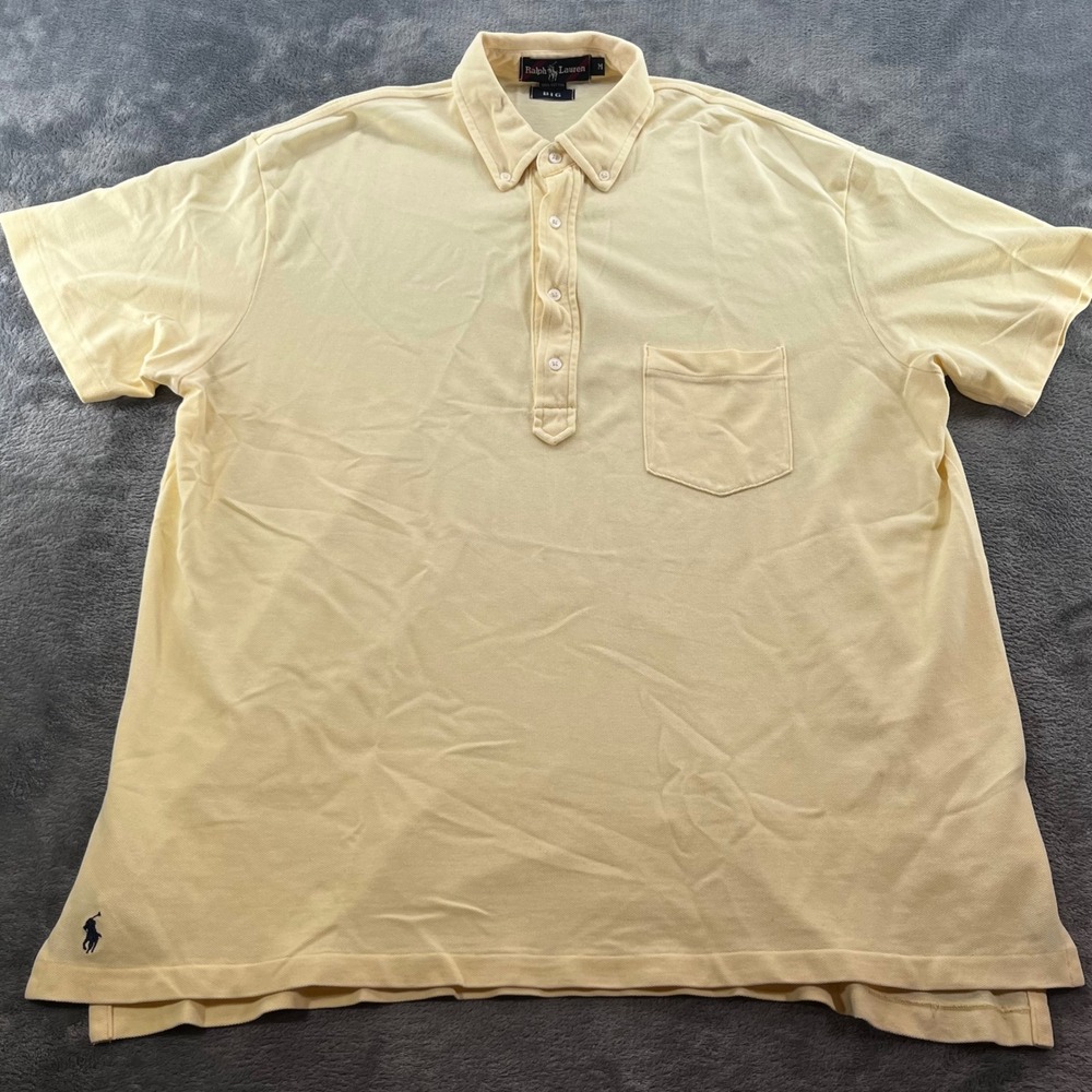 Ralph Lauren Mens Big M Polo Shirt Yellow Cotton Pique Button Down Collar Pocket